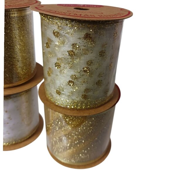 Meedee 2.5" Wired Edge Glitter Christmas Ribbon Set 6 Rolls Gold & White 36 Yard - Picture 9 of 10